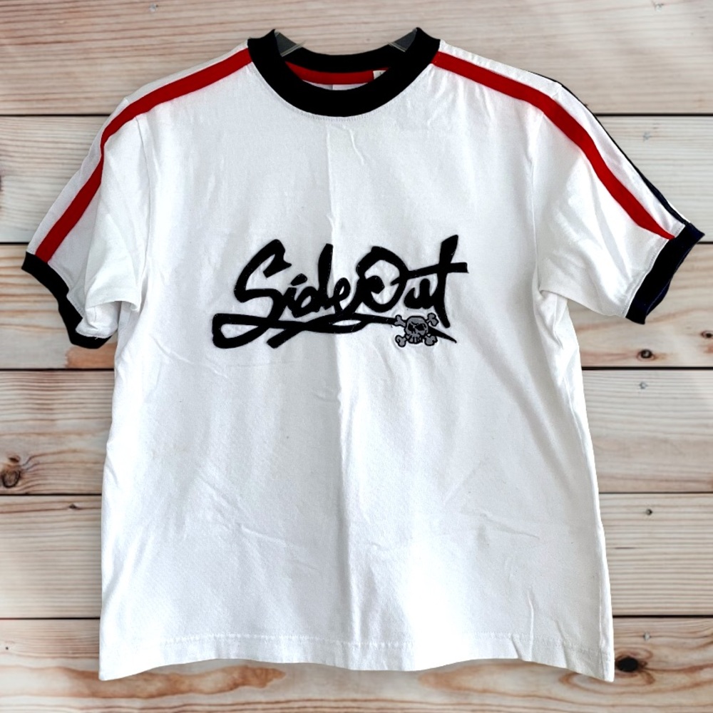 SIDEOUT Navy Blue & Red Varsity Striped Sleeve Logo T-Shirt
